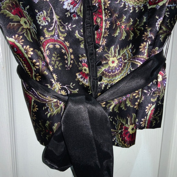 MSK paisley satin cropped jacket Sz SP satin ribbon sash covered buttons - Picture 3 of 9